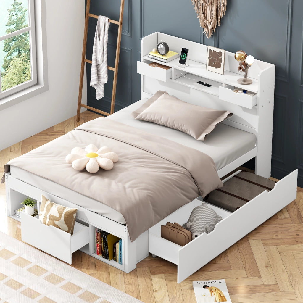 Letto Singolo 90x200 cm; Presa USB; Type-C; Ripiani e Cassetti; in MDF e Compensato; Bianco