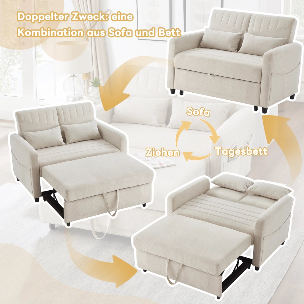 Divano Letto 2 Posti Estraibile con Schienale Regolabile 3 Posizioni e Cuscini Design Salvaspazio Struttura Legno Metallo in Tessuto Beige