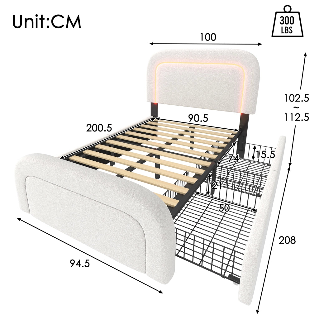 OKWISH Letto con Cassetti Singolo, USB, Type-C, LED e 2 Cassetti, 90 x 200 cm, con Materasso, Bianco
