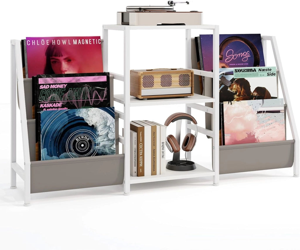 GIANTEX Supporto per giradischi, mobile platino in vinile con 3 ripiani aperti, 6 tasche, per 200 album, telaio in metallo, combinazione flessibile, per soggiorno, studio, camera da letto (nero)