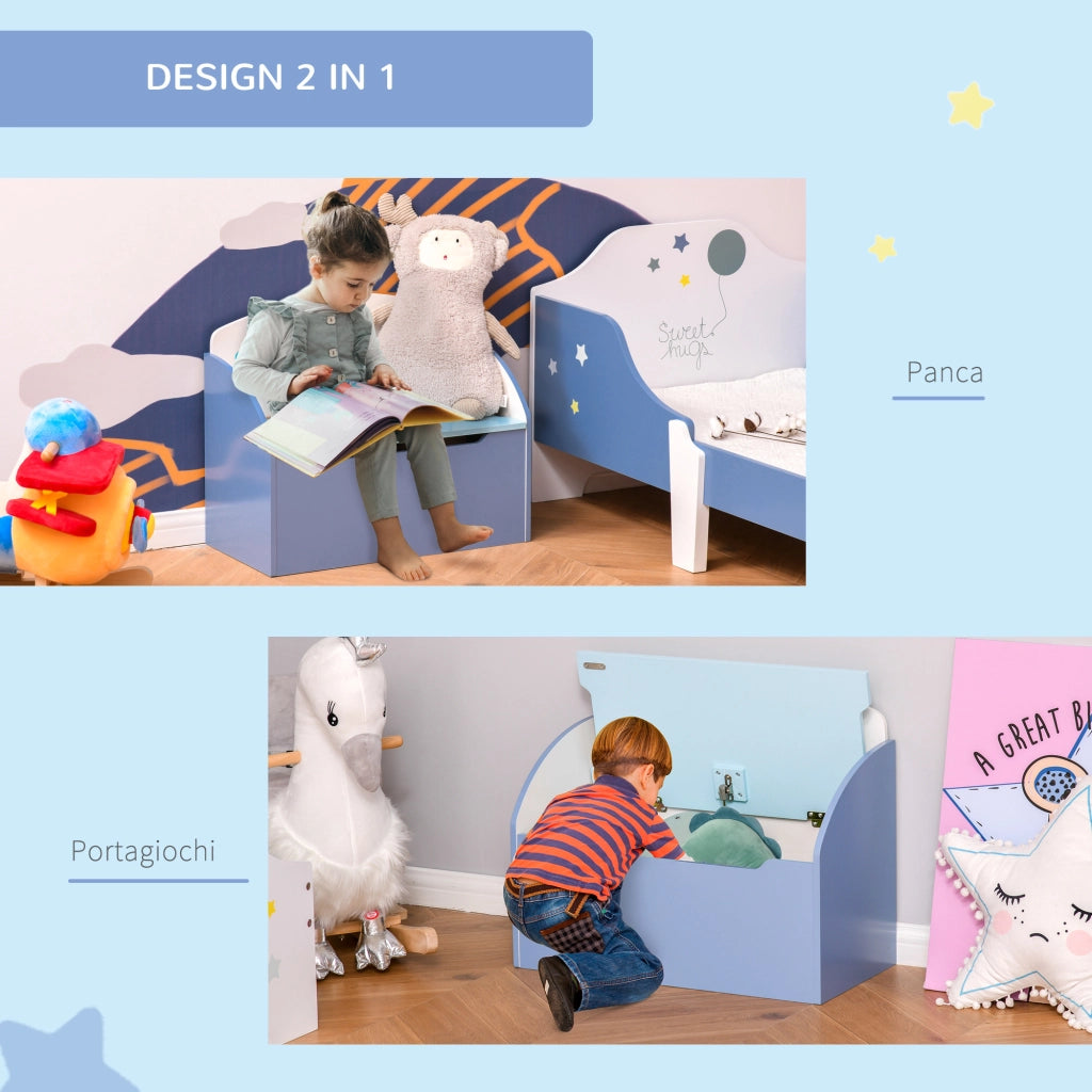EasyComfort Panca Contenitore Portagiochi 2 in 1 in Legno, Cassapanca con Schienale per Bambini da 3-6 Anni, 60x30x50 cm, Blu