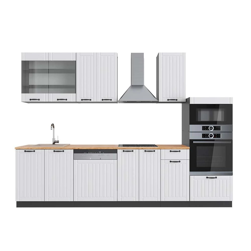 Cucina componibile Fame-Line Bianco rustico/Antracite 300 cm con armadio alto, PL Rovere Vicco