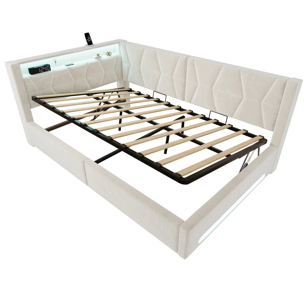 Letto imbottito 140x200 cm beige con contenitore, LED e USB