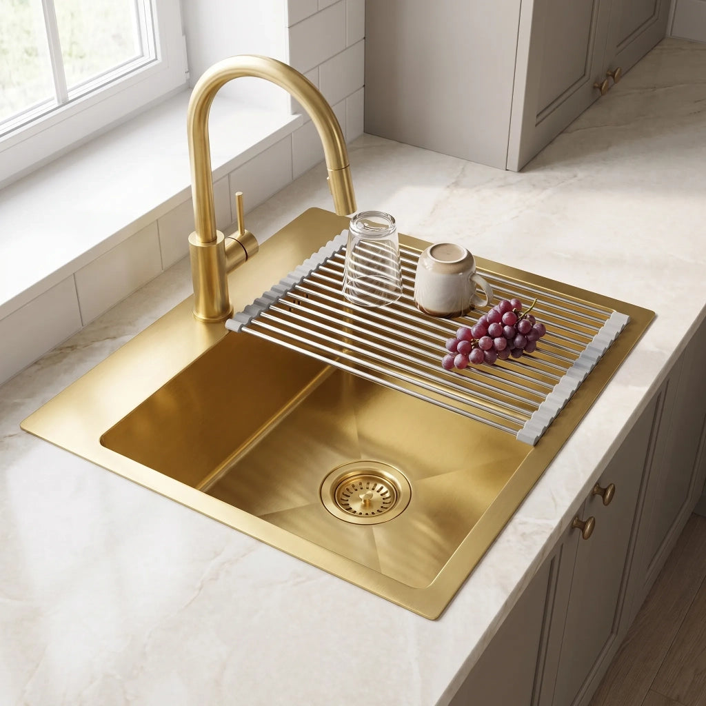 Lavello In Acciaio Con Set Di Accessori 3 Pz. Rea Leo 40 Brush Gold Accessori beige