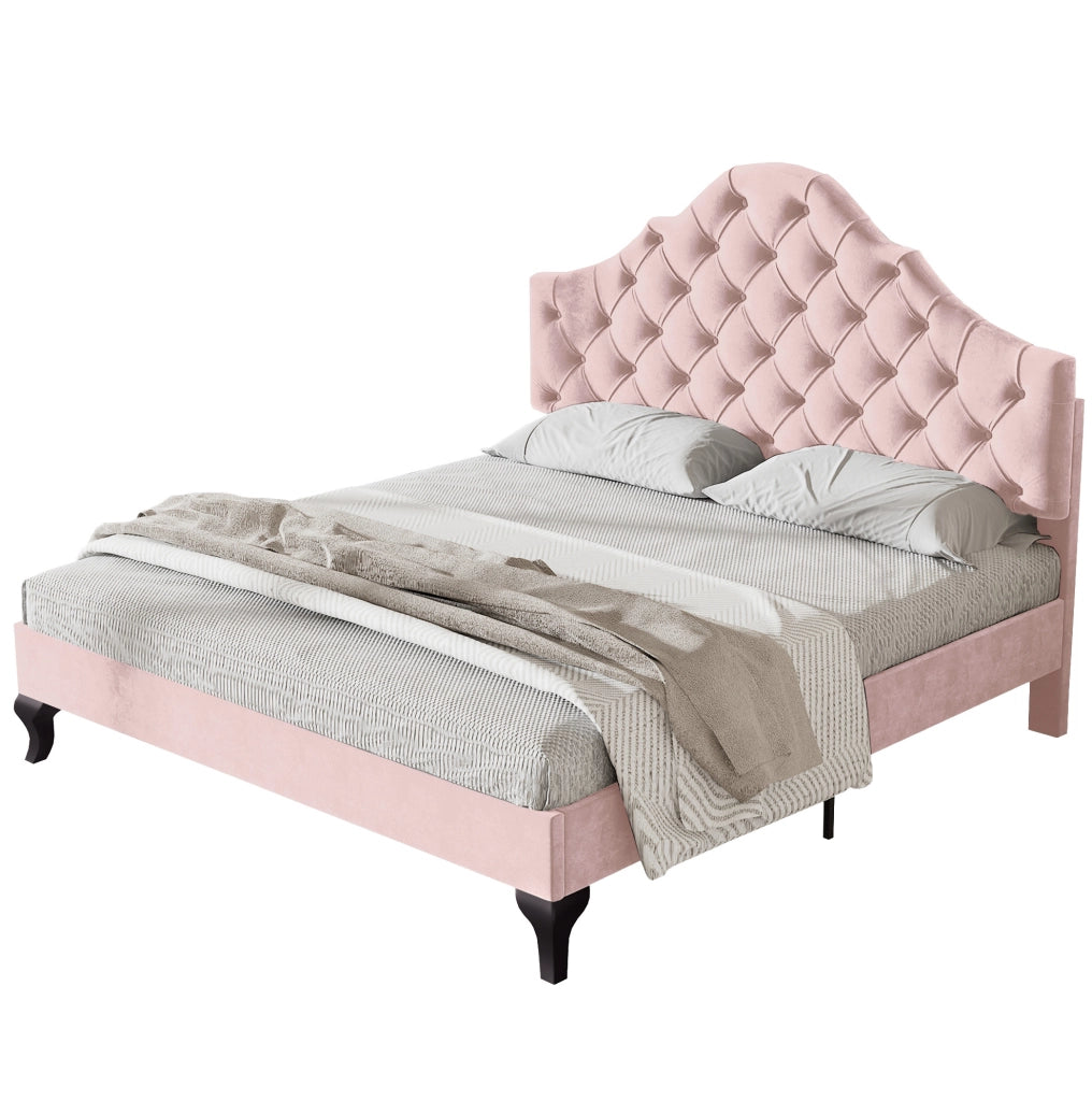 Letto imbottito 140x200 cm in velluto rosa con testiera regolabile
