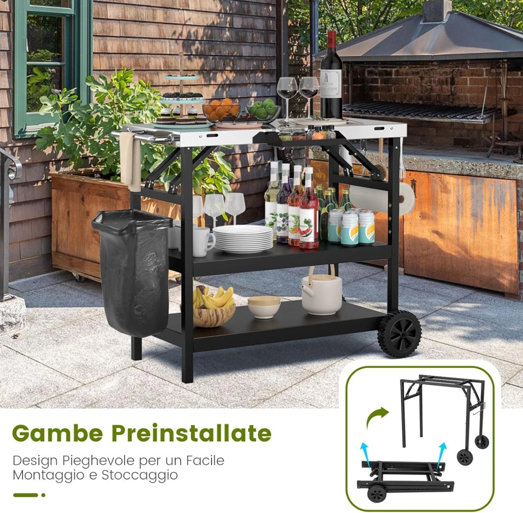 Carrello Barbecue da Esterno con 3 Ripiani, Carrello da Cucina Esterno con Ripiano Regolabile, Carrello Multifunzionale per Esterno, Struttura in metallo
