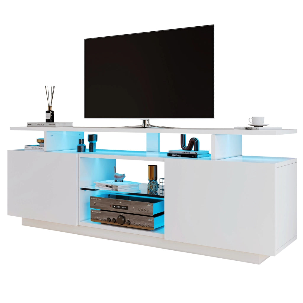 Mobile TV con 2 Ante e 5 Vani Aperti e LED Controllato da App; in Pannello Truciolare; Bianco; 140×35×55 cm
