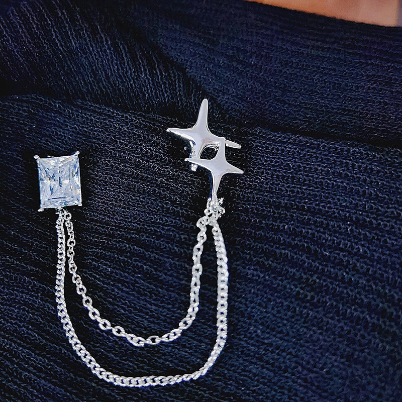 Spilla a catena con nappe a forma di stella e zirconi quadrati, spilla da bavero per camicia.