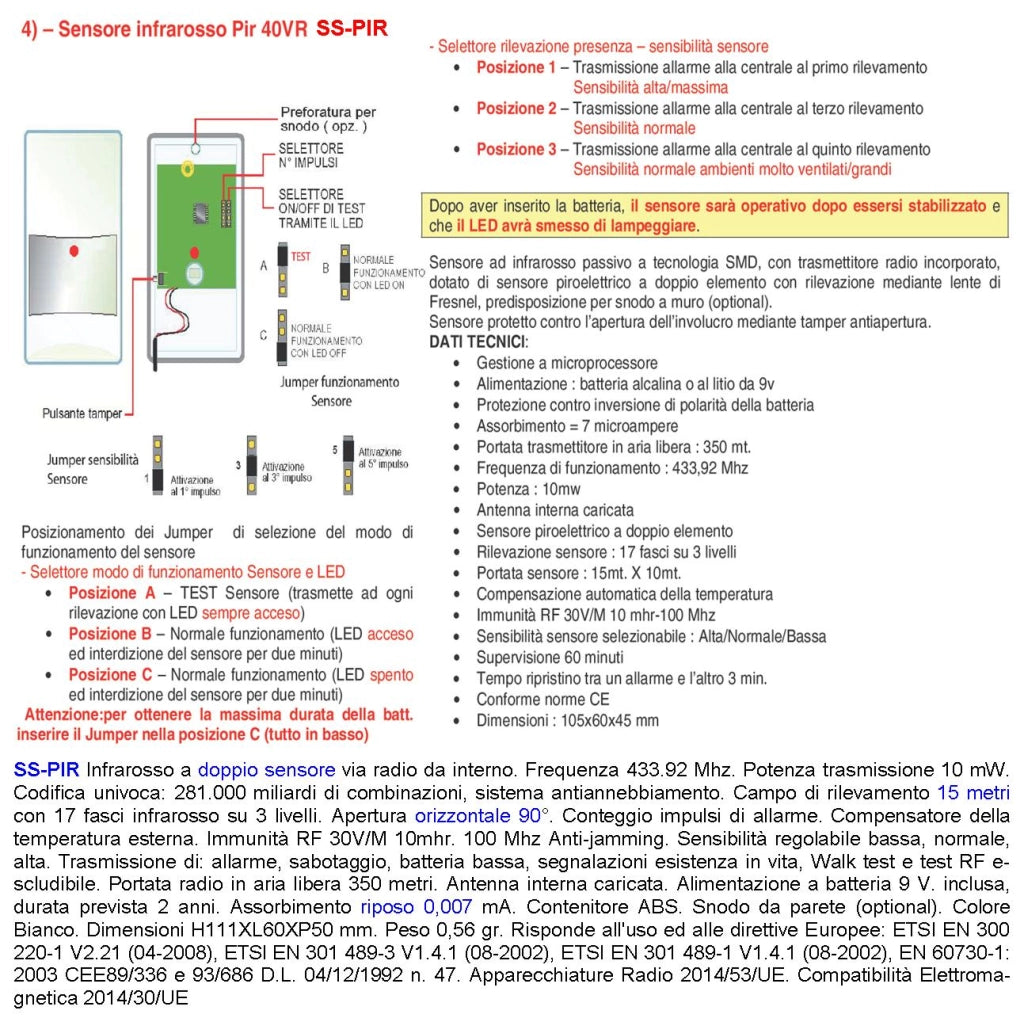 Sensore di Movimento Intrusi doppio Infrarosso Via Radio 433,92 MHz Anti-jamming Portata 15 Metri Grandangolo Walk test Pir 40VR Codice Secur-Sydra GSM da Interno 17 Fasci Sensibili su 3 Livelli