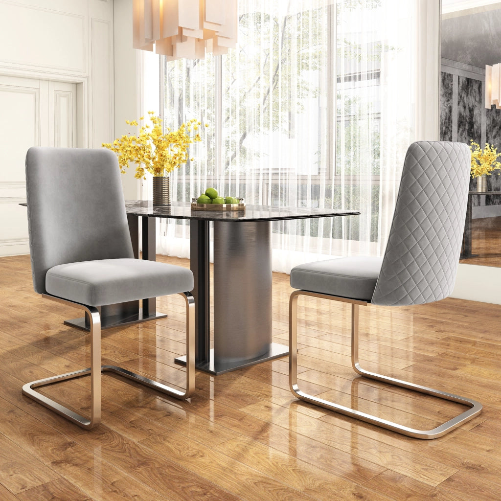 Set di 2 sedie da pranzo in velluto grigio con gambe in metallo argentato, schienale con design a rombi