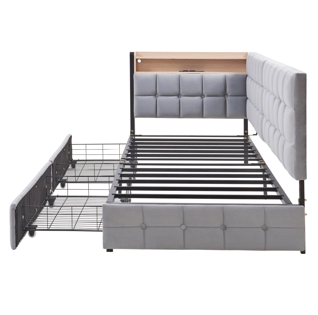 Divano letto 90x200 cm con LED e 2 cassetti in tessuto grigio