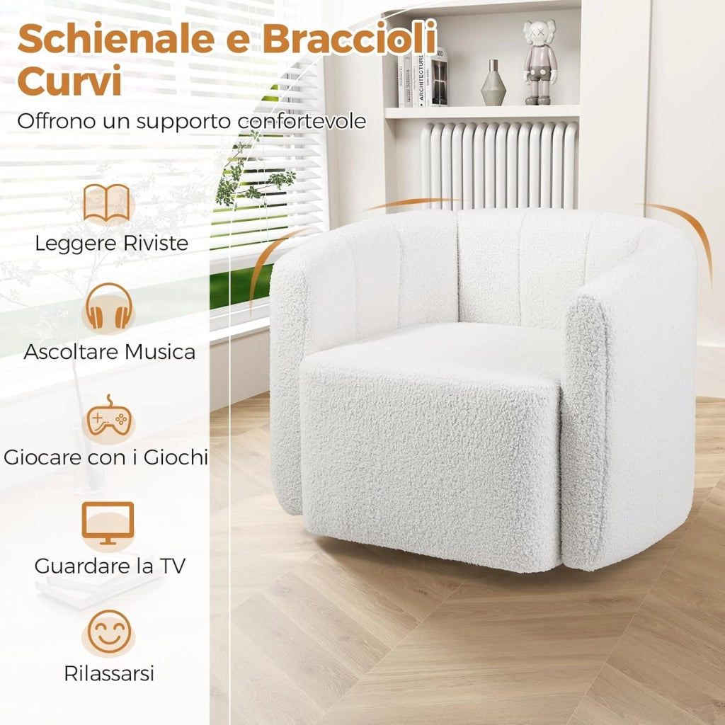 Poltrona Relax Girevole, Poltrona Moderna Imbottita con Schienale Curvo e Braccioli, Sedia da Lettura per Soggiorno, Poltrona Soggiorno, Portata 160 kg