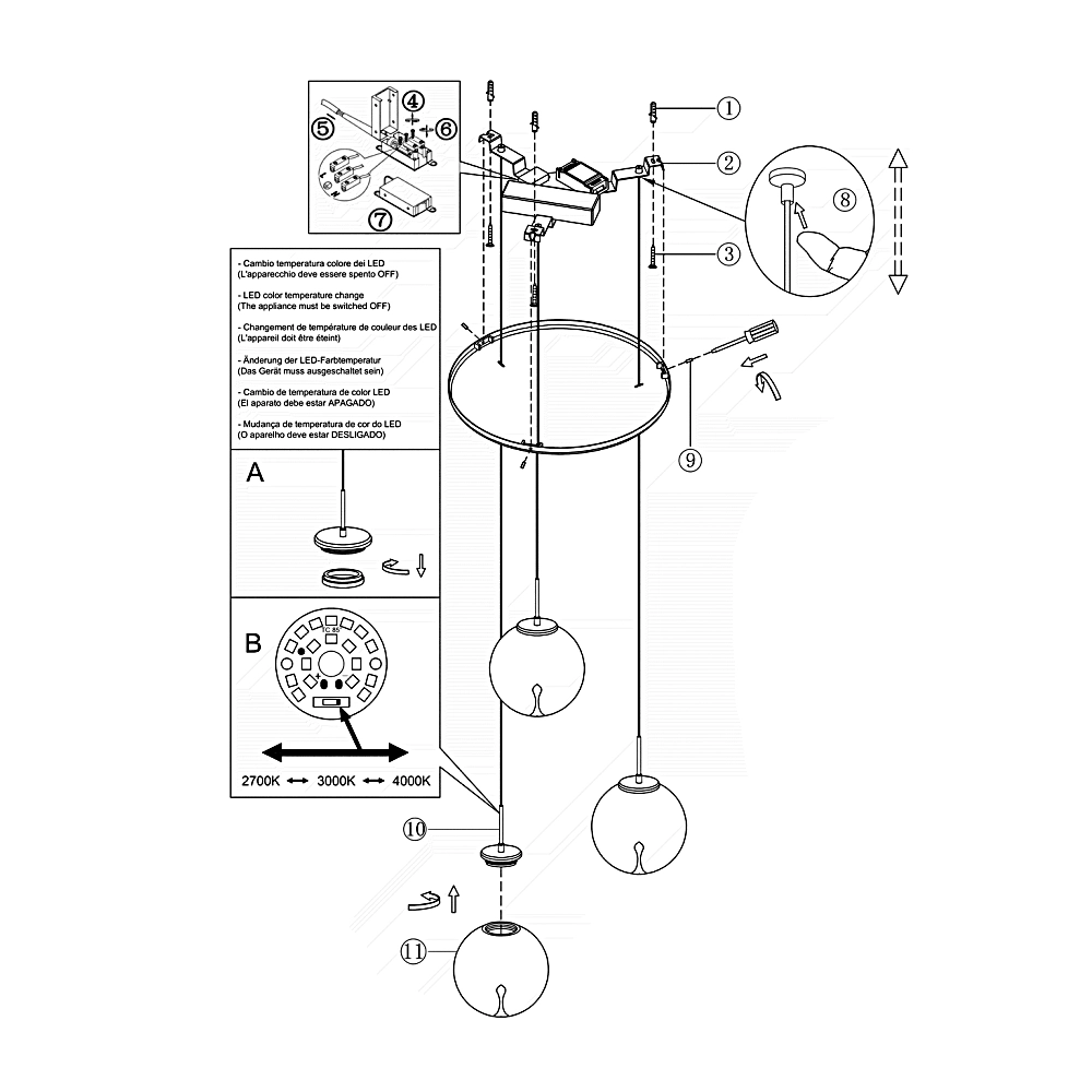 Ariel - Lampada a sospensione circolare 3 luci con forme Fabas Luce - LED 21W dimmerabile - Trasparente Rosone rotondo d.35cm