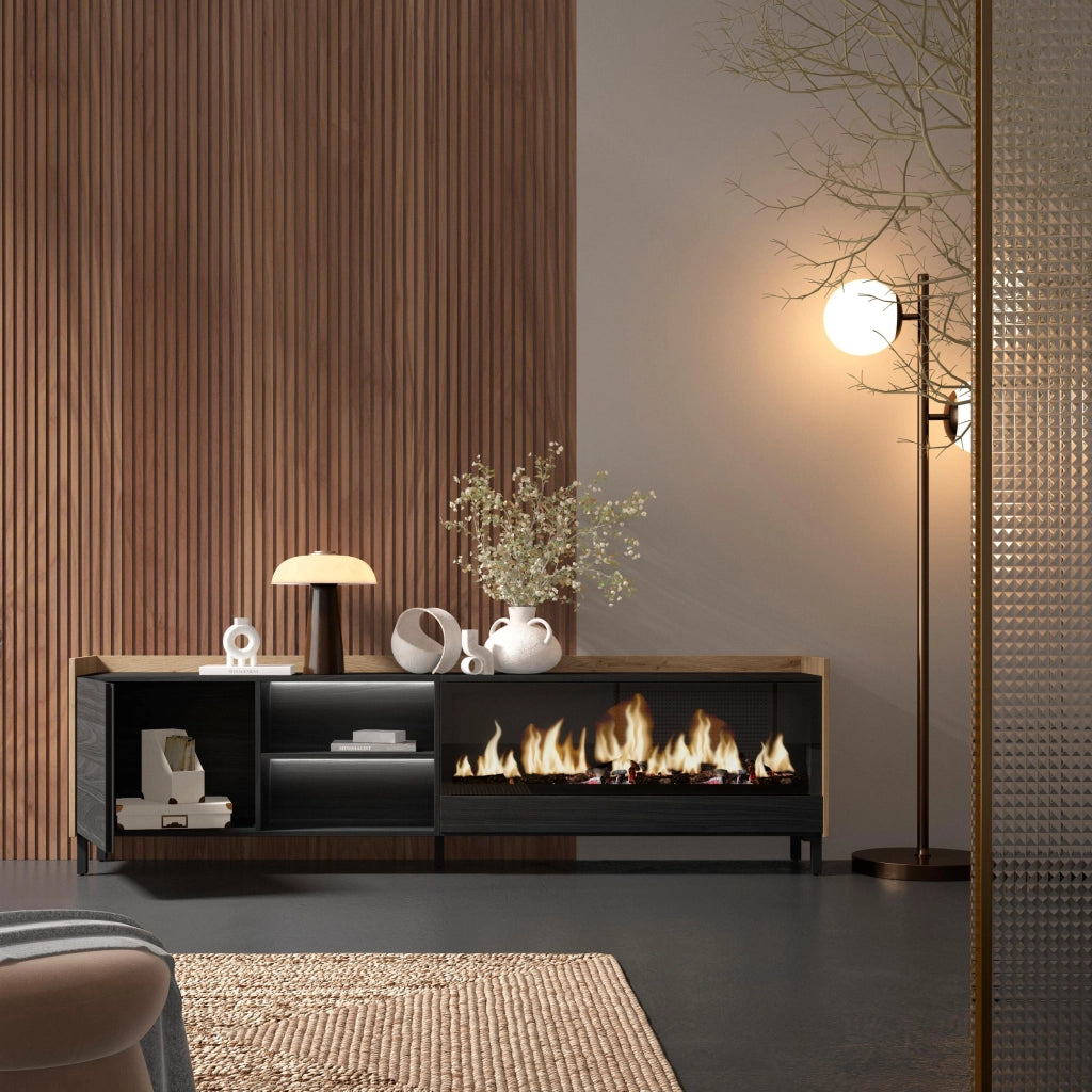Mobile TV Soggiorno, 212x61x35 cm, Per TV fino a 80", Camino elettrico XXL, Design industriale, LED, Nero e rovere