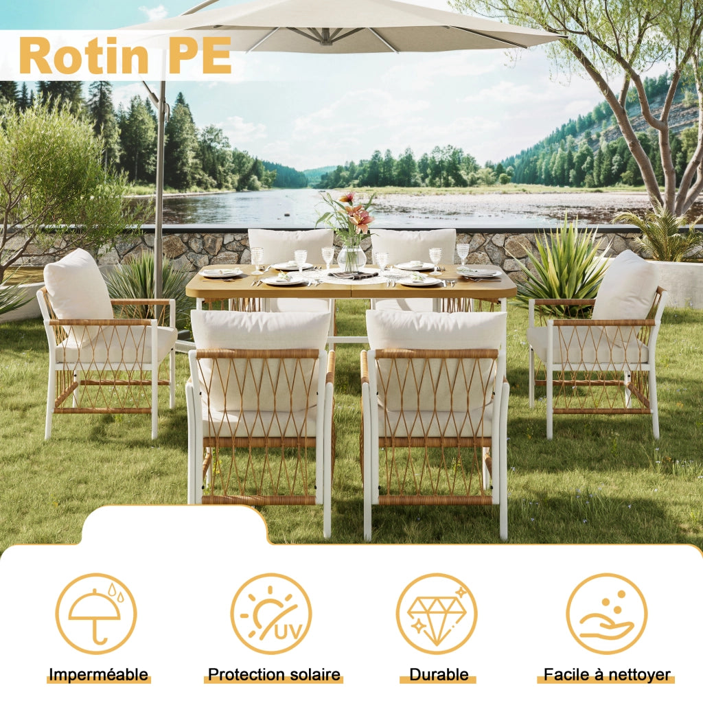 Set da giardino in rattan con tavolo lungo e 6 sedie con cuscini