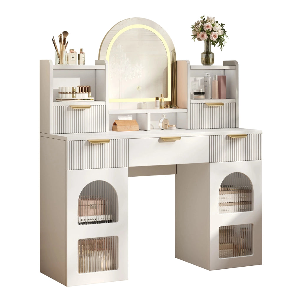 Tavolo trucco con specchio LED, 3 cassetti, vetrine in vetro e ripiani, bianco, 120¡Á40¡Á139,5 cm