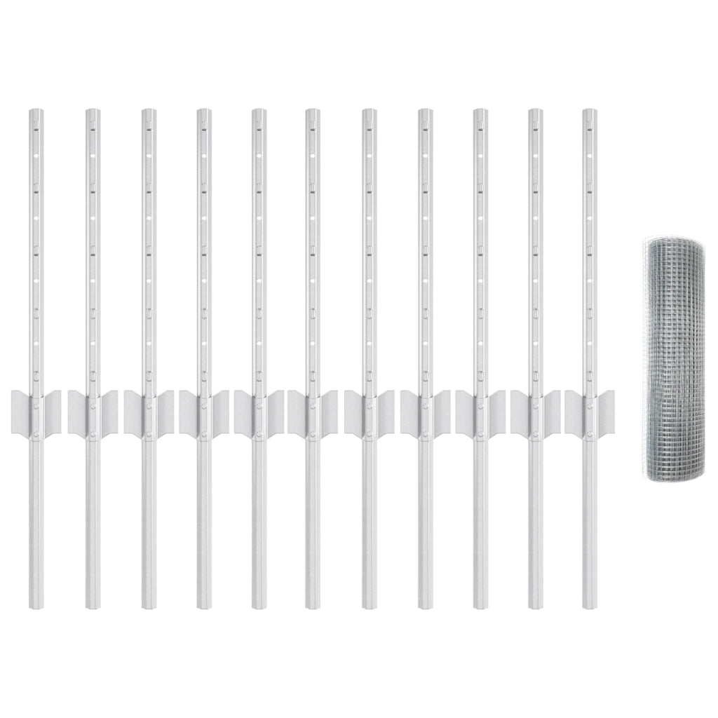 Recinzione Rete Saldato con 11 Pali Argento 0.4x25 m Acciaio