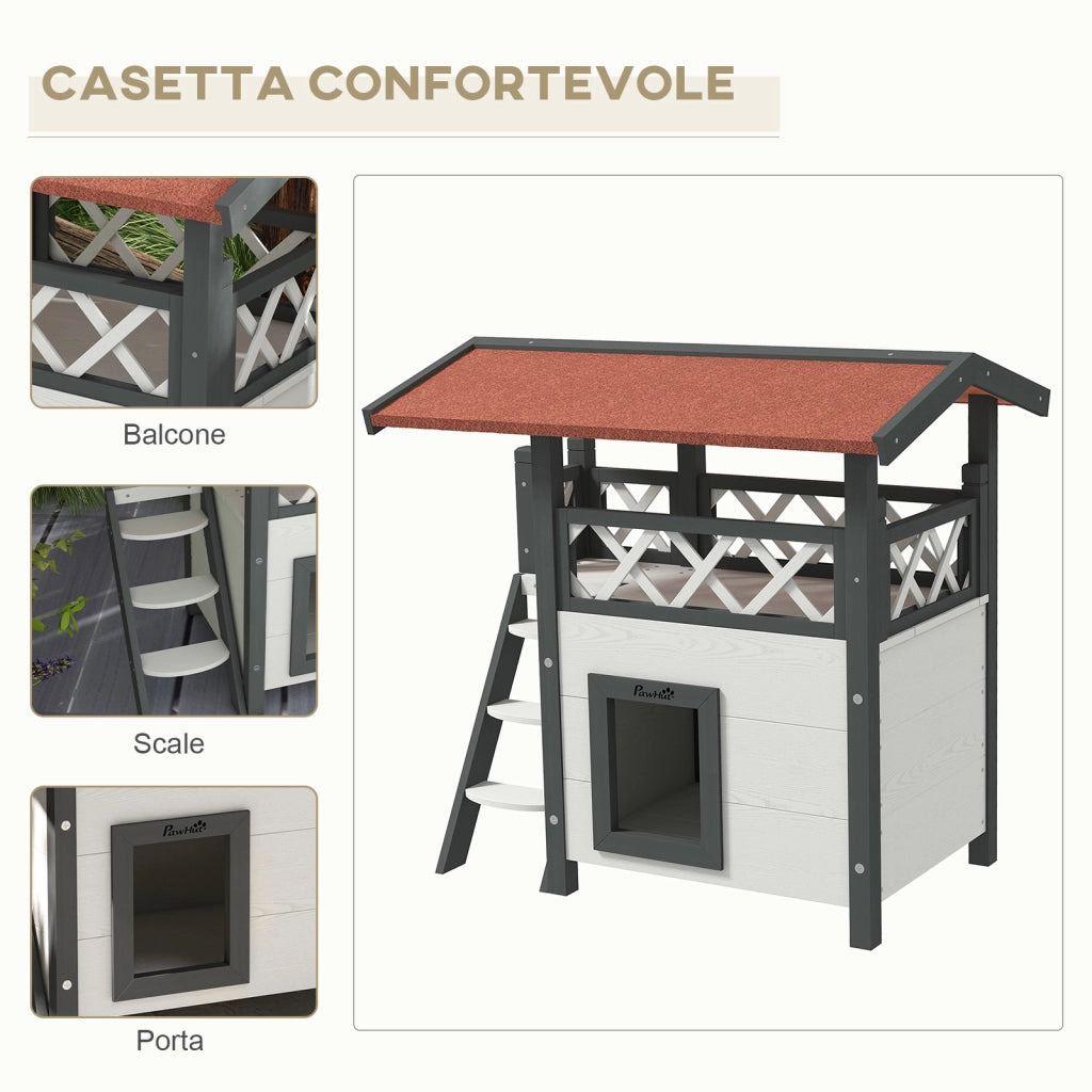 Casetta per Gatti da Esterno con Terrazza e Scaletta in Legno ¨C zephmum ¨C Bianco e Grigio 77x50x73cm