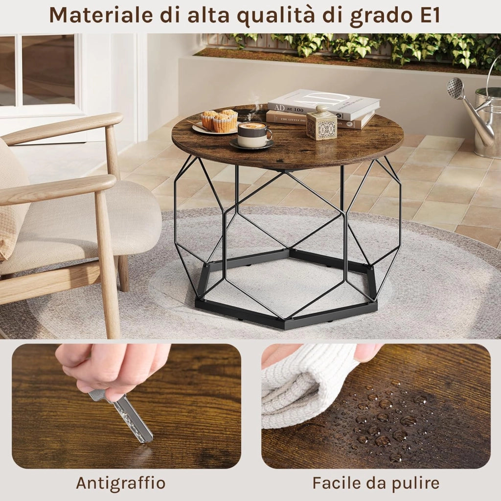 Tavolino da Salotto Rotondo, Tavolino da Caffè con Struttura in Metallo per Soggiorno, Balcone, Divano e Letto, Marrone Rustico+Nero, BTS27vbn