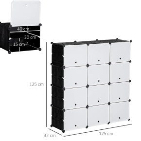 Scaffale modulare con 12 cubi contenitori in plastica e acciaio nero e bianco 125x32x125 cm