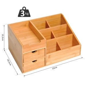 Organizer da scrivania in bambù con 2 cassetti e 7 scomparti, colore naturale, 33 x 20,5 x 15,5 cm