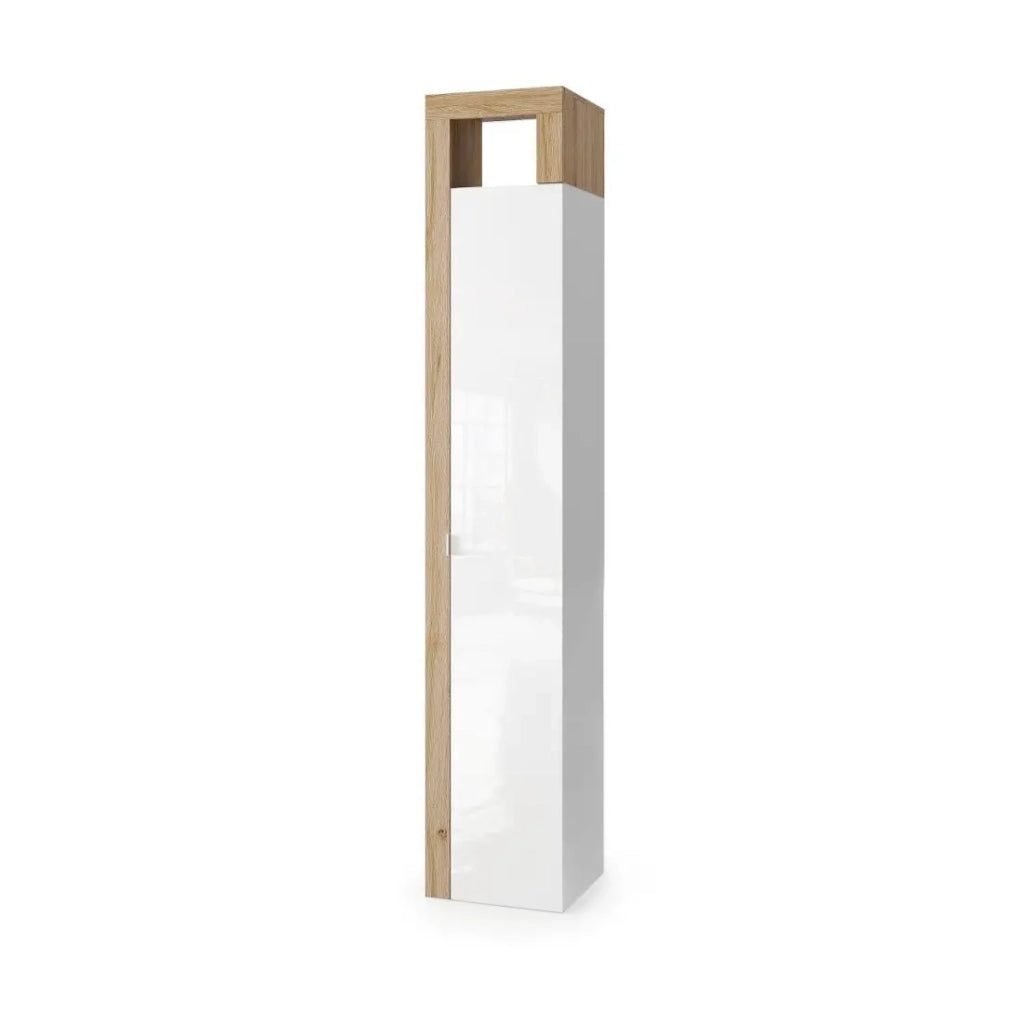 Colonna da bagno, 1 porta, 5 ripiani, collezione BURA. Colori bianco lucido laccato e rovere chiaro.