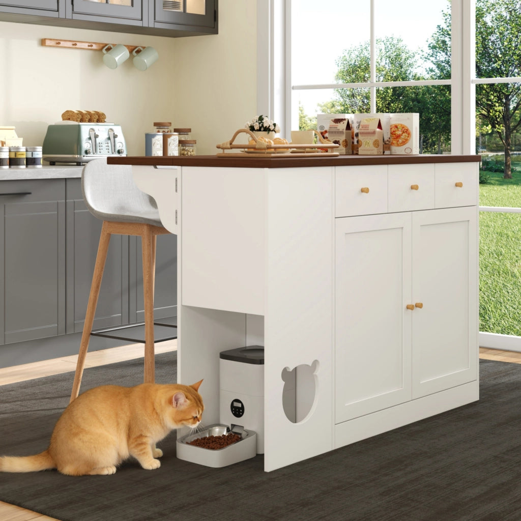 Isola cucina con piano estraibile, 3 cassetti, 2 ante e area pet friendly, bianco e noce, 120x40/70x90 cm