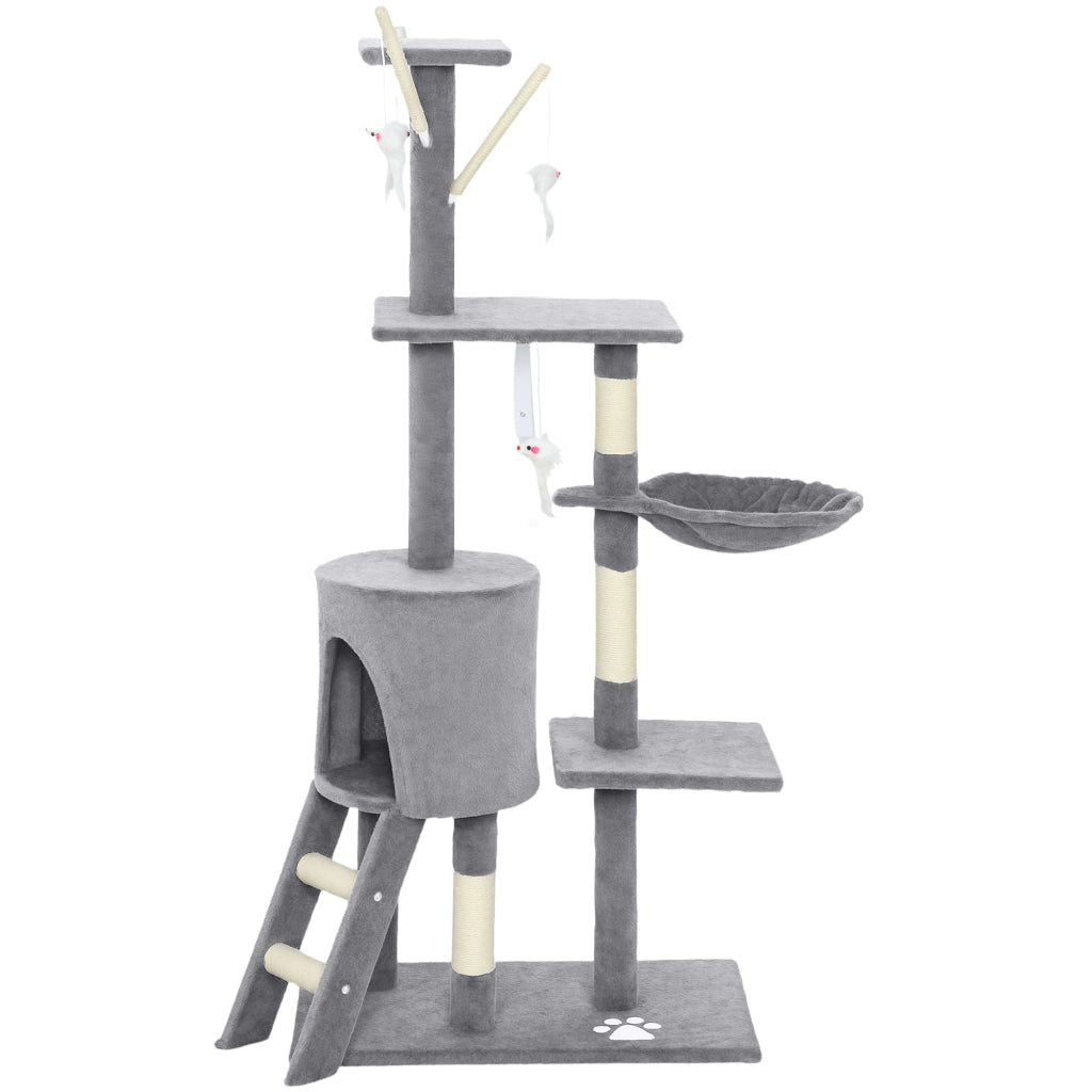 Torre per Gatti con Casetta. Trespolo. Piattaforme e 4 Topolini. in Legno. Peluche e Sisal. 60x35x134 cm. Grigio
