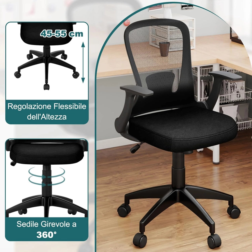 Sedia da Ufficio Ergonomica in Rete, Regolabile in Altezza e Schienale Regolabile, Braccioli Ribaltabili e Supporto Lombare, Sedia Girevole per Scrivania, per Ufficio, Portata 150 kg