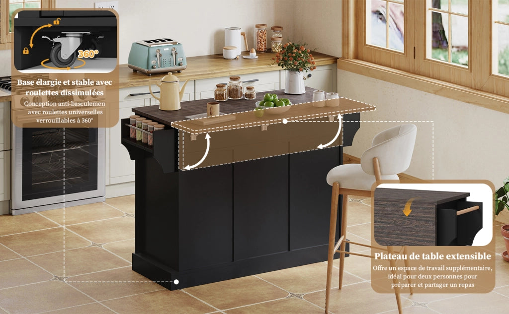 Carrello da cucina con piano ribaltabile, 2 ante scorrevoli e 2 cassetti, stile fienile, in MDF, nero, 120 × 45(70) × 91 cm