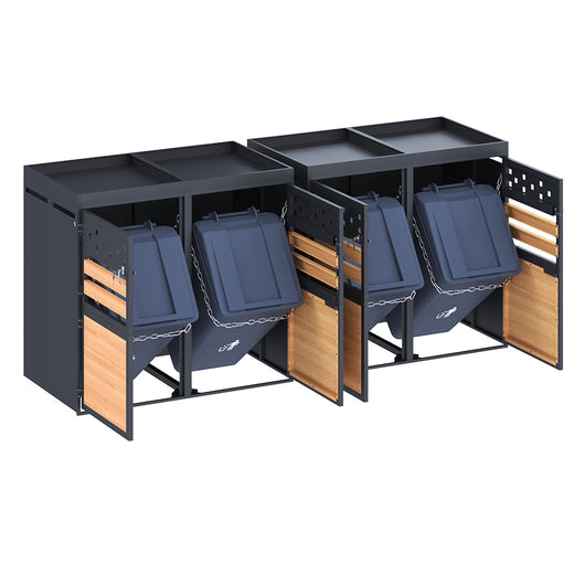 Box per rifiuti 4 posti con tetto vegetale - Xylo - 120-240 litri - Colore antracite - Porta in legno, estensibile