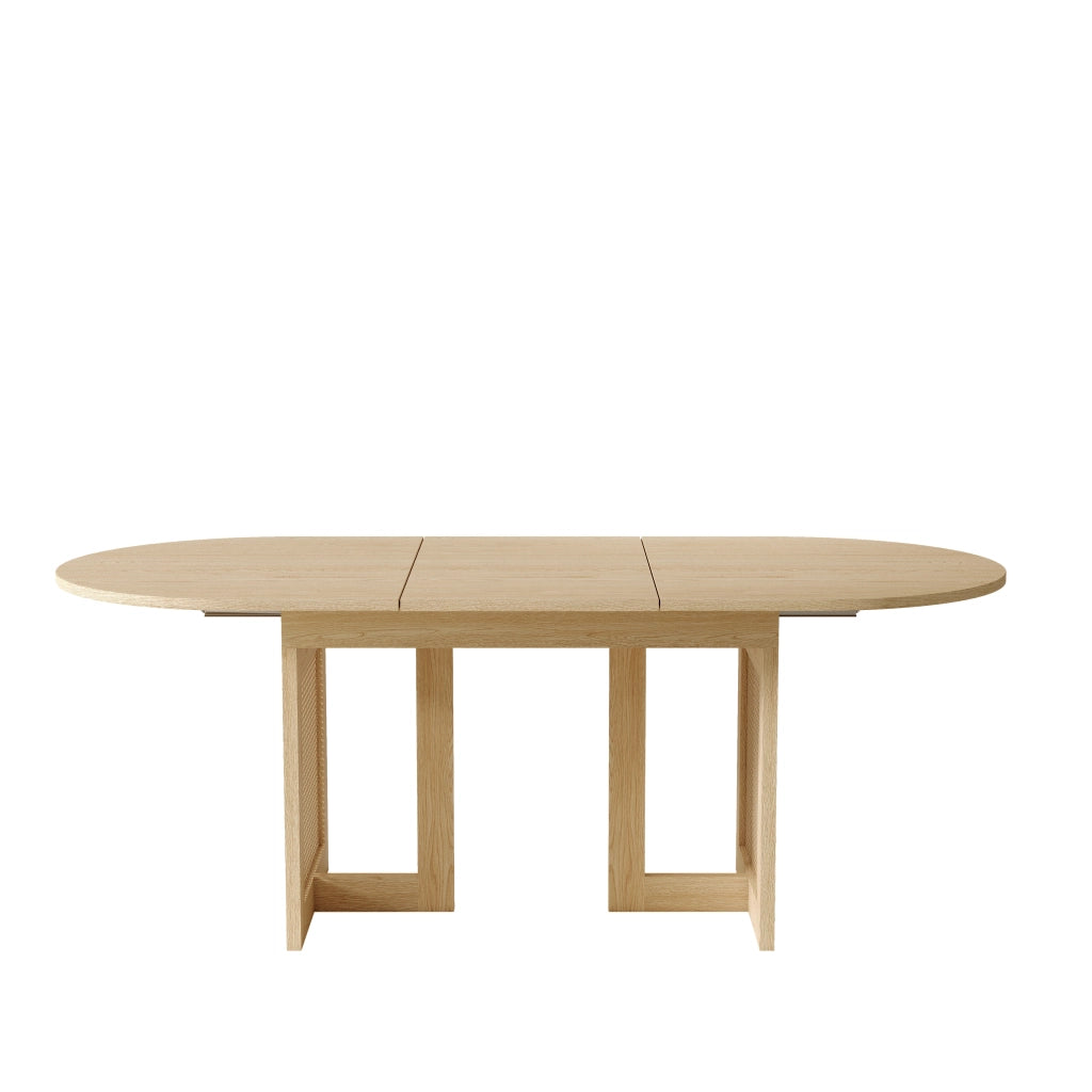 Tavolo da pranzo allungabile per 6-8 persone con bordi arrotondati, gambe effetto rattan, in MDF, rovere