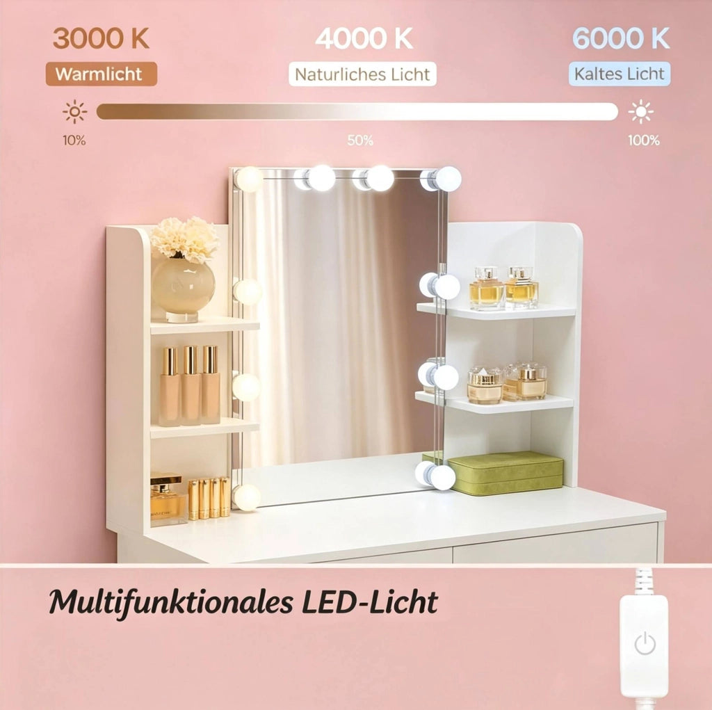 Tavolo da trucco con specchio LED e ampio spazio contenitivo