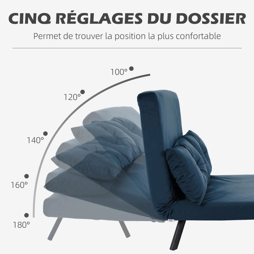 Divano letto 2 posti con cuscini e schienale regolabile ¨C zephmum ¨C blu velluto