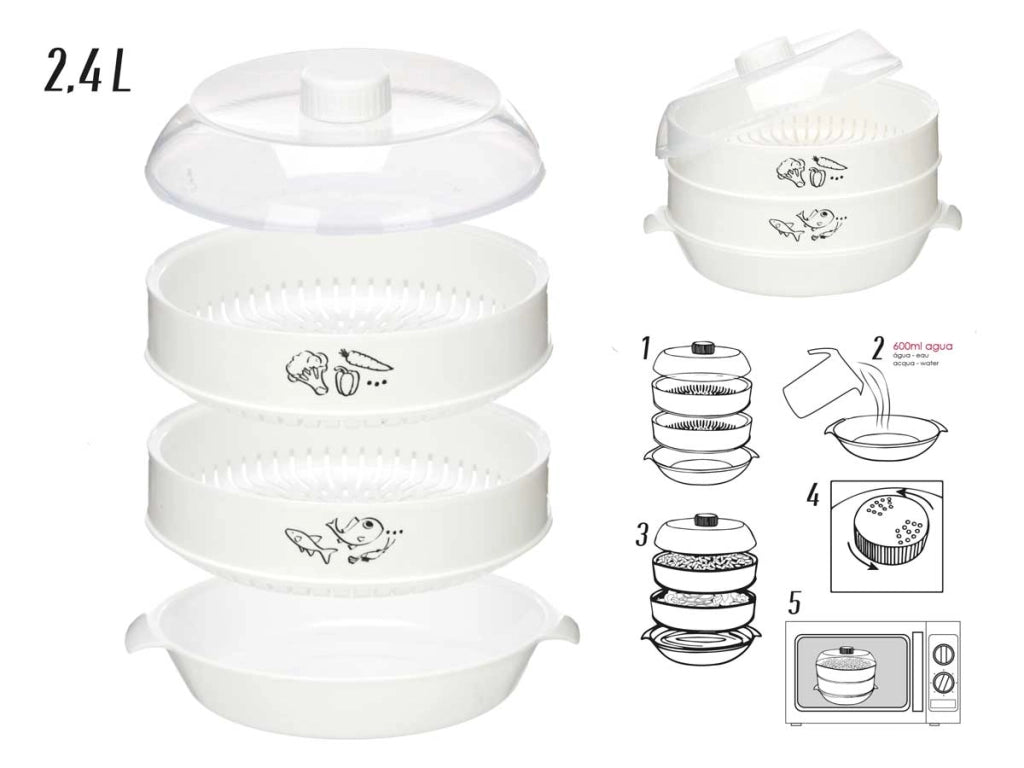 Vaporiera per Microonde 2.4lt Ideale per Cucinare Carne Pesce Verdure 2Livelli