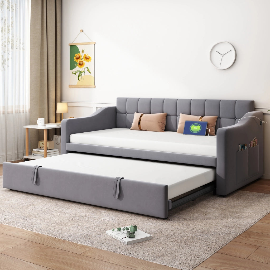 OKWISH Letto Estraibile 2 Posti, Letto Singolo con USB e Tasca Portaoggetti, 90×190 cm e 180×190 cm, senza Materasso, Velluto Grigio