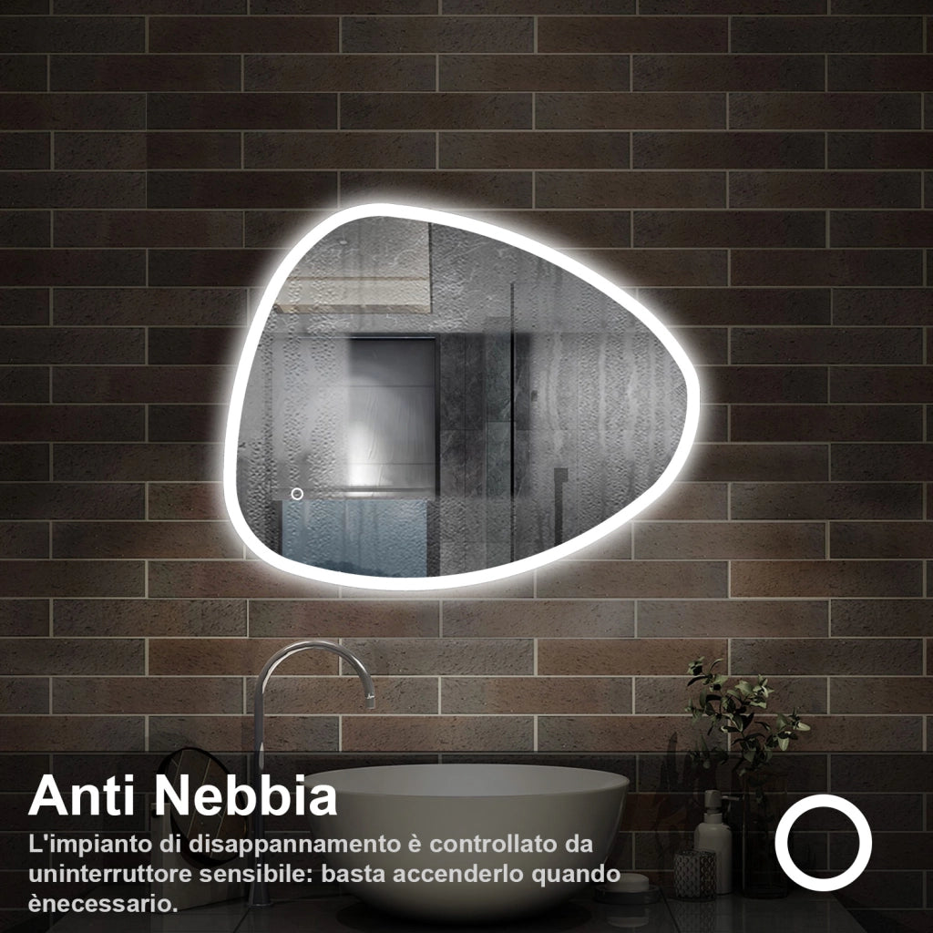 specchio forma irregolare 80x65 cm retroilluminato con luce a 3 colori, touch e pellicola antideflagrante