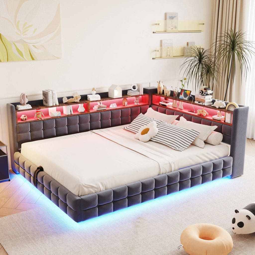 Divano letto imbottito 140x200 cm con vano contenitore idraulico; LED; prese USB e Type-C; grigio