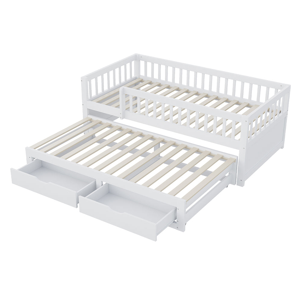 Divano letto-Xylo-90x200 cm-barriera, 2 cassetti, pino bianco