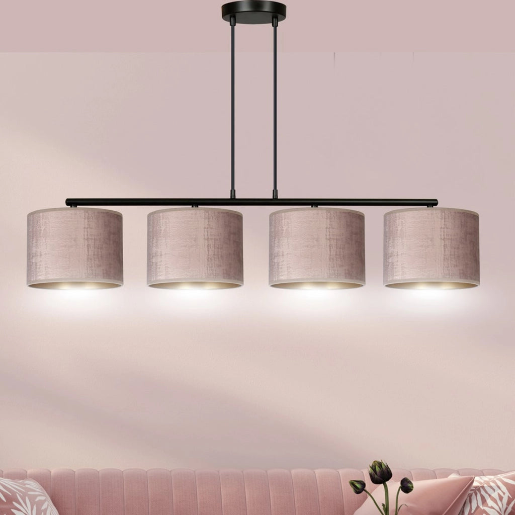 Lampada a sospensione Hilde in acciaio nero e velluto rosa antico
