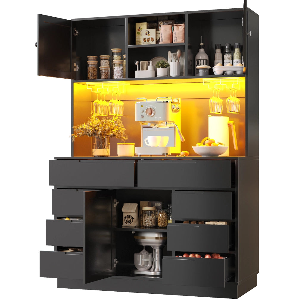OKWISH Credenza Alta da Cucina con 8 Cassetti, Ripiani Regolabili e LED con USB, per Cucina, MDF, 120 x 40 x 183.5 cm