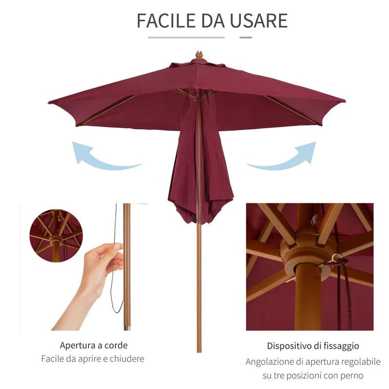 OMBRELLONE IN LEGNO DA ESTERNO GIARDINO BORDEAUX 2.5 M
