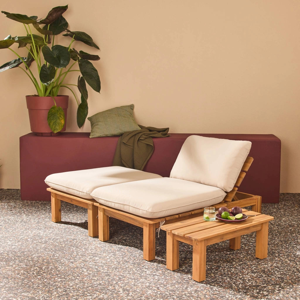Lettino prendisole modulare in legno multiposizione con tavolino,