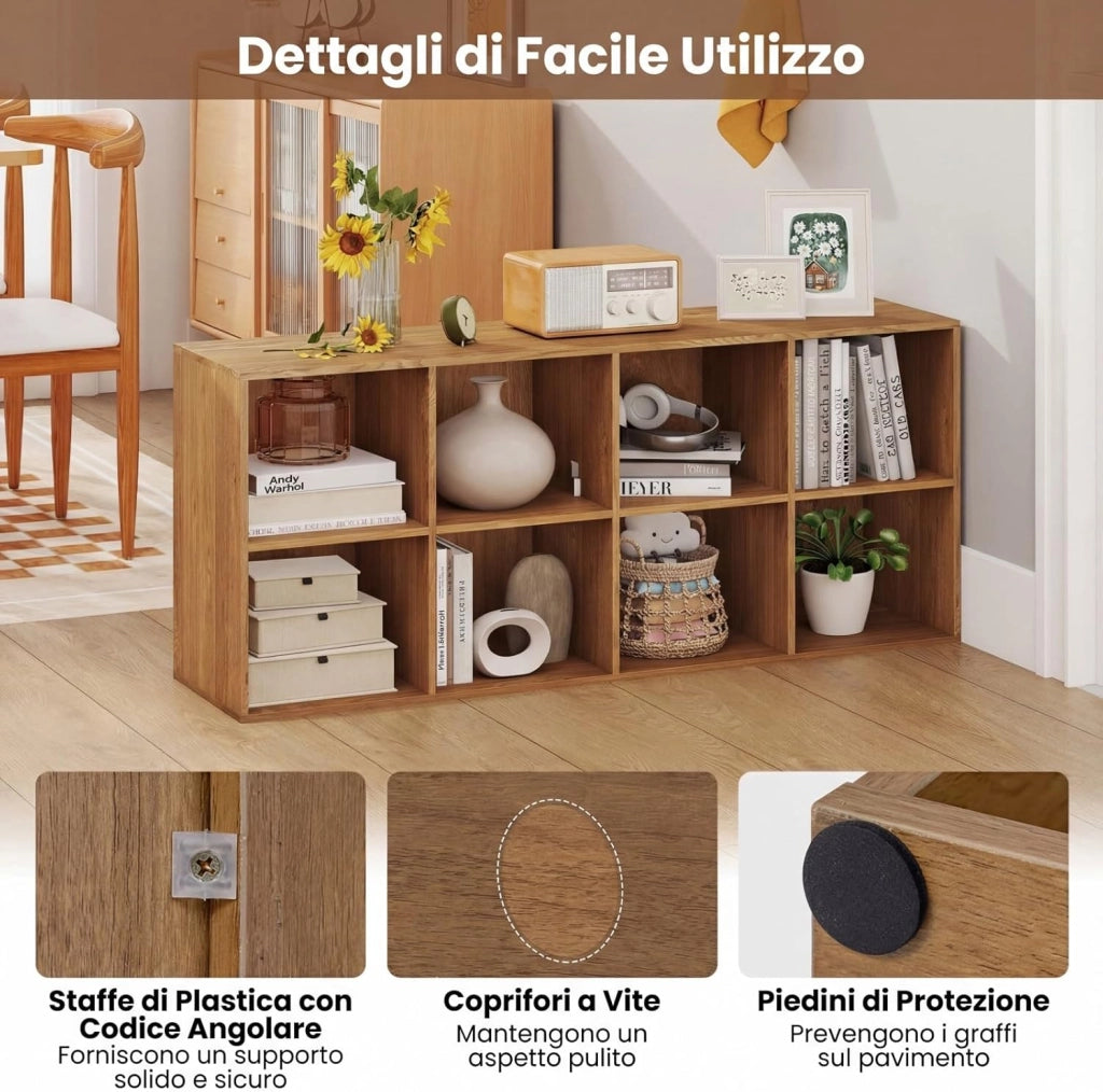 Libreria Scaffale a 8 Cubi Aperti, Libreria Bassa in Legno Salvaspazio, Scaffale Espositivo per Camera da Letto, Soggiorno, Salotto, Ufficio e Studio, 121,5 x 29 x 61 cm (Naturale)
