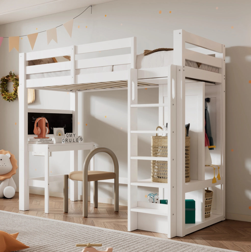 Letto a soppalco 90x200 cm con scrivania; lavagna e armadio aperto; bianco in legno