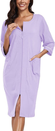 Camicia da notte per donna con cintura, giacca leggera in cotone 100%, notte con maniche 3/4 e tasche (viola, S)