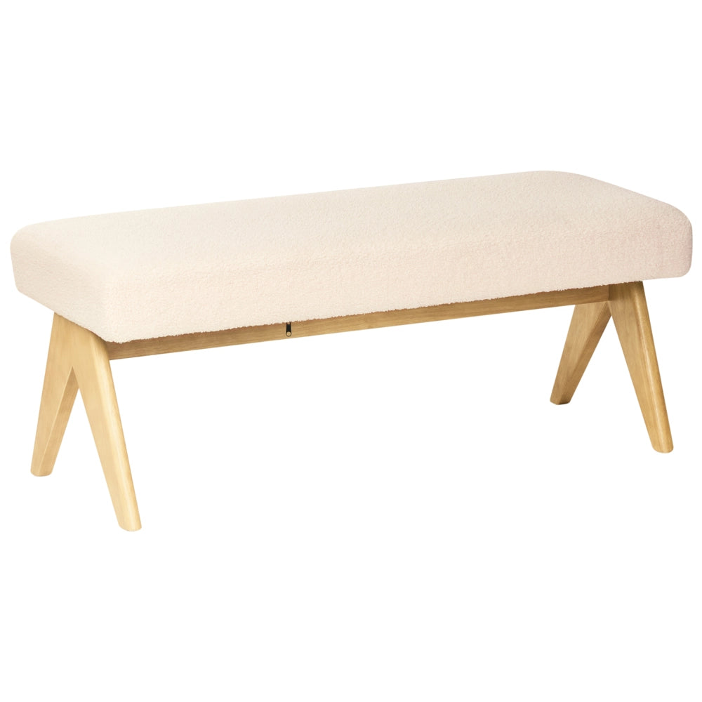 Panca Boucle bianco sporco e marrone chiaro con gambe in legno imbottite Panca per corridoio e panca da letto
