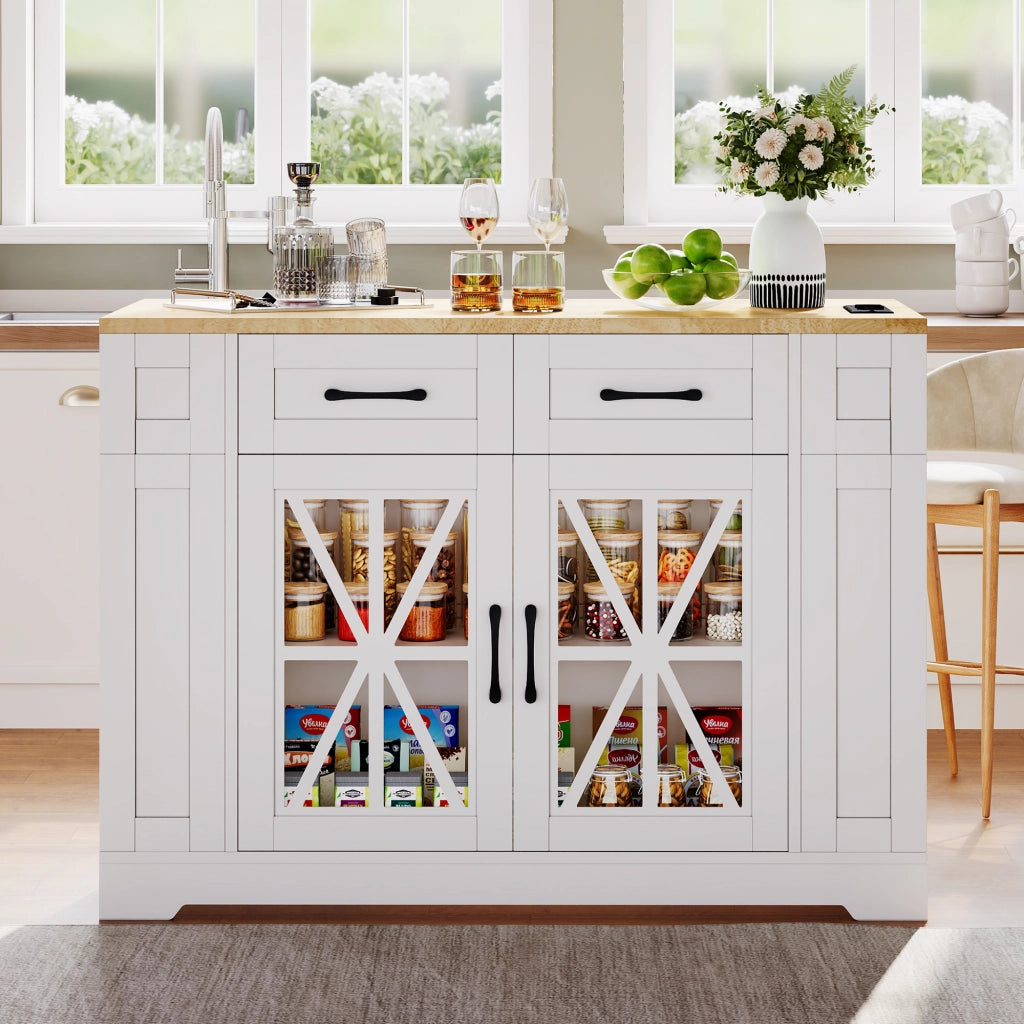 Isola cucina con piano ribaltabile, 2 ante in vetro, 2 cassetti, ripiani aperti, prese elettriche e USB, su ruote