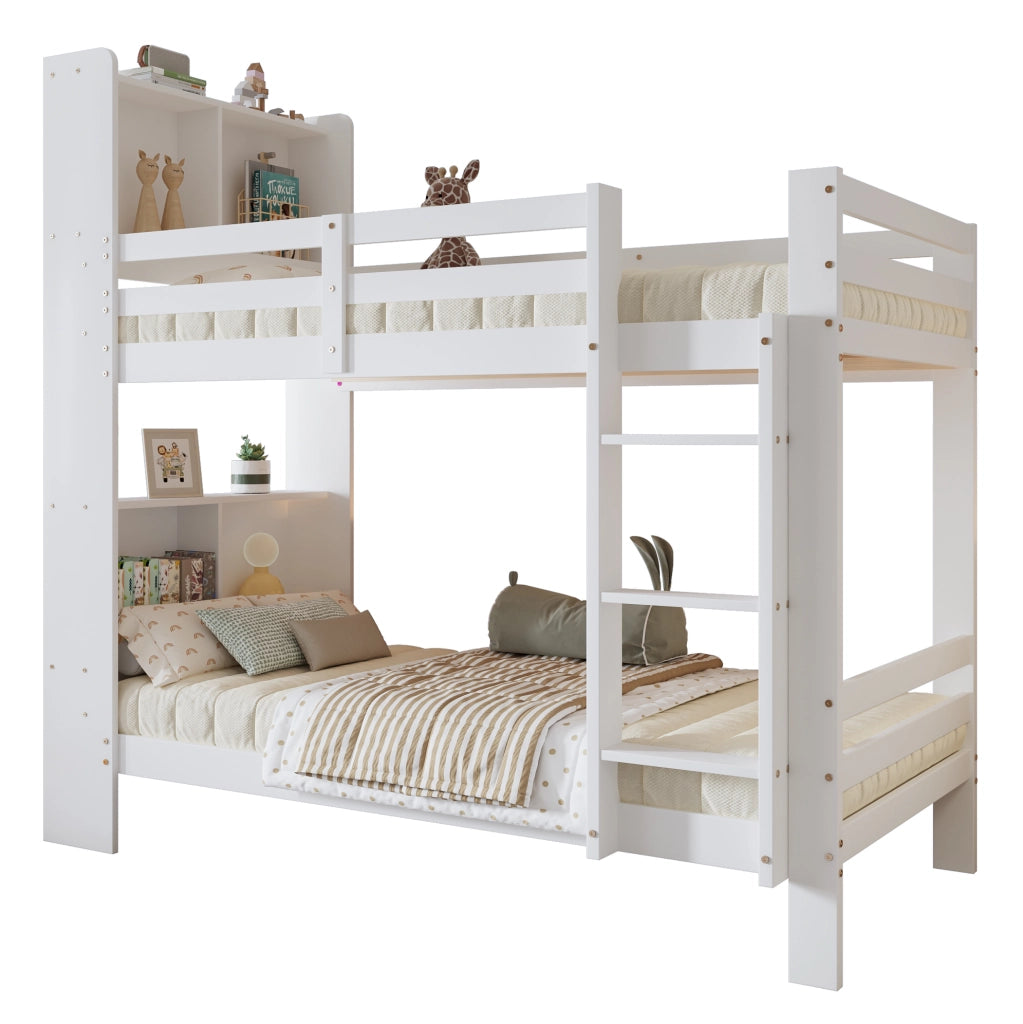 Letto a castello con ripiani e scala angolare a 3 gradini; 90x200 cm; bianco