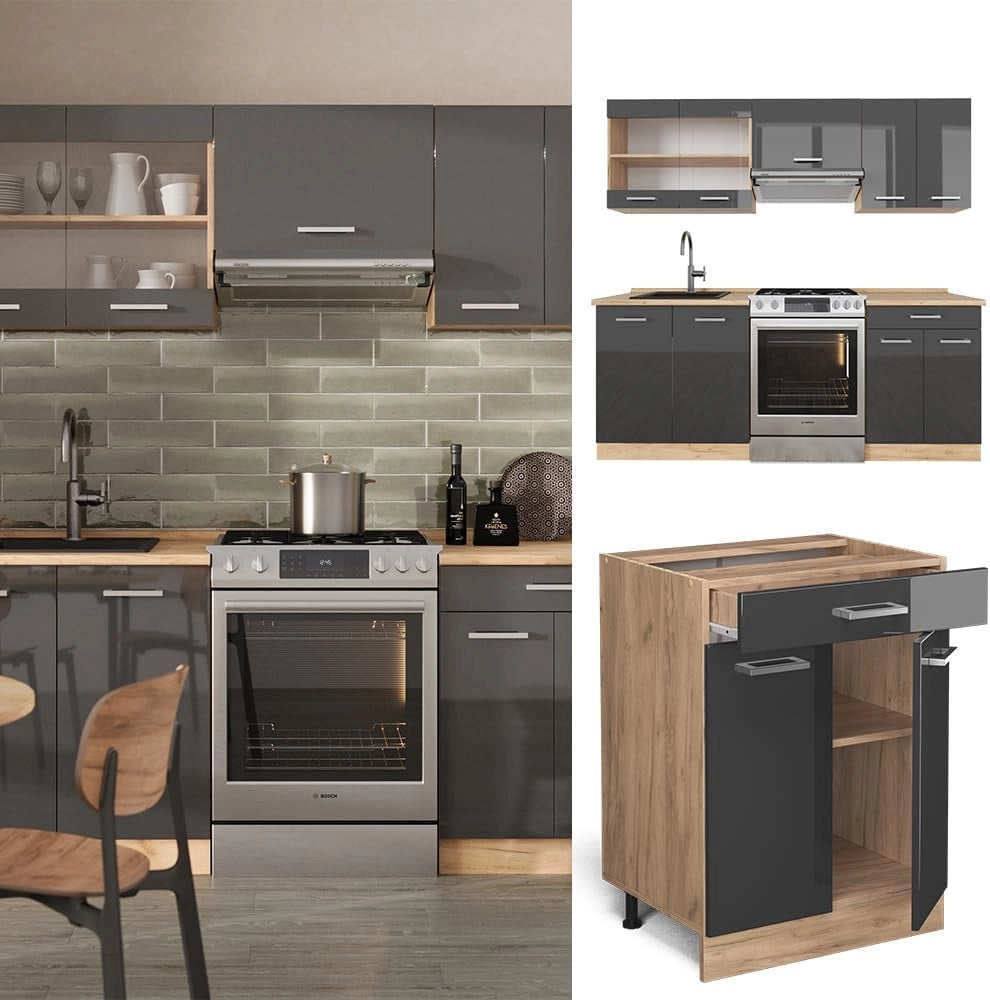 Cucina componibile R-Line, Antracite lucido/oro power oak, 200 cm senza piano di lavoro, adatto per l'espansione personalizzata tramite moduli aggiuntivi